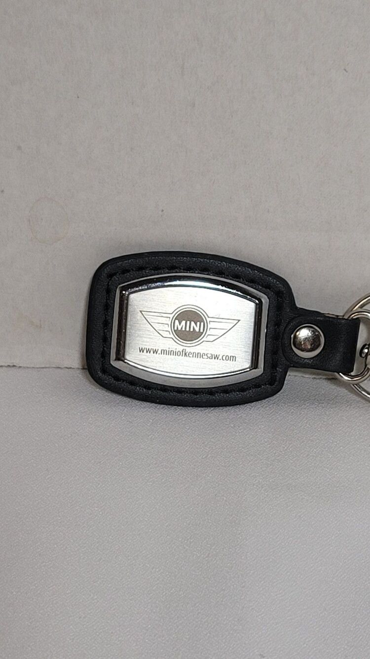 MINI Cooper Leather Key Ring Keychain Black Silver Logo Dealership Ad Promo